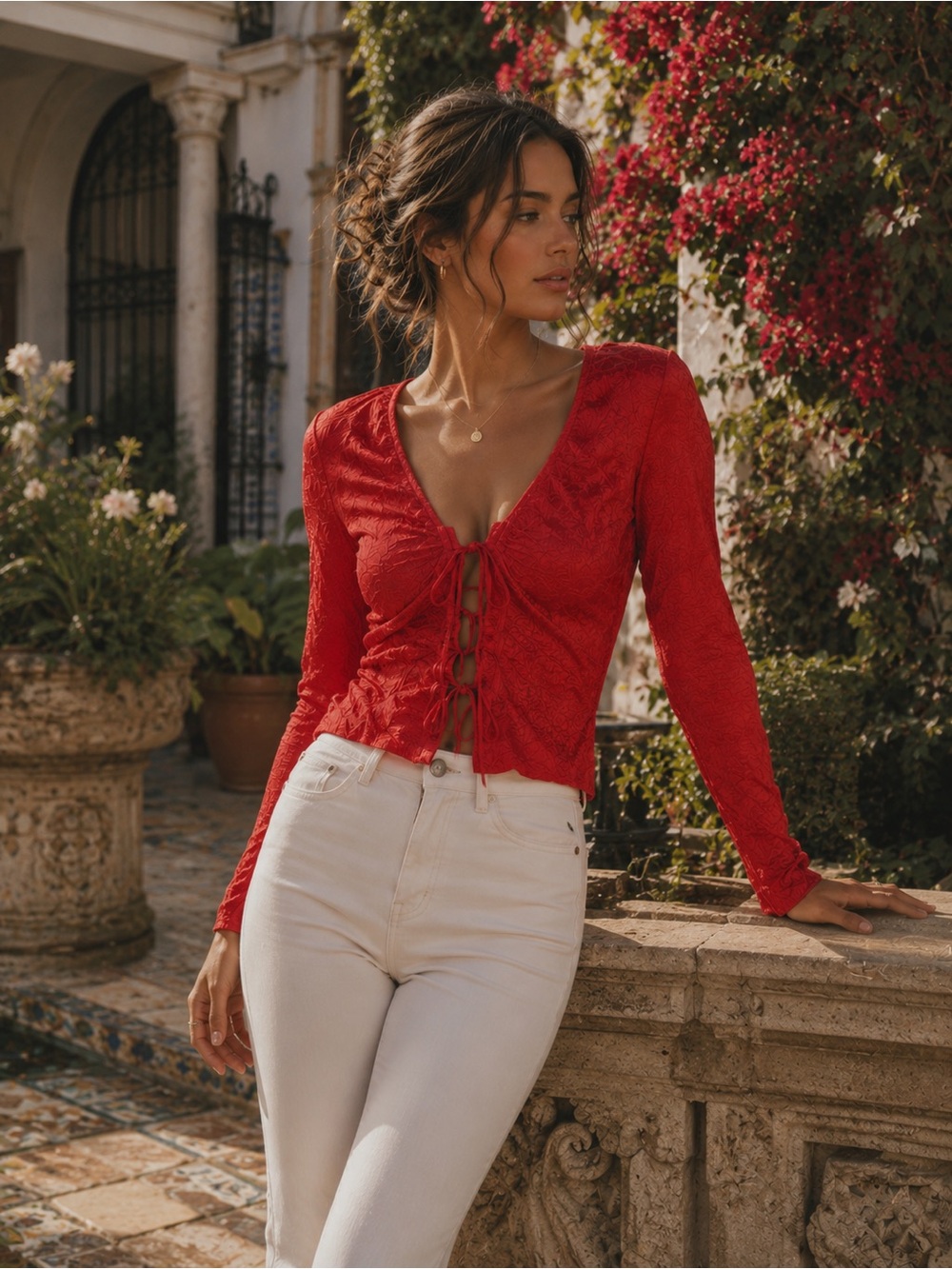 Ganni Tie Front Crop Top Size S | Orange Red Long Sleeve Statement Top NWT